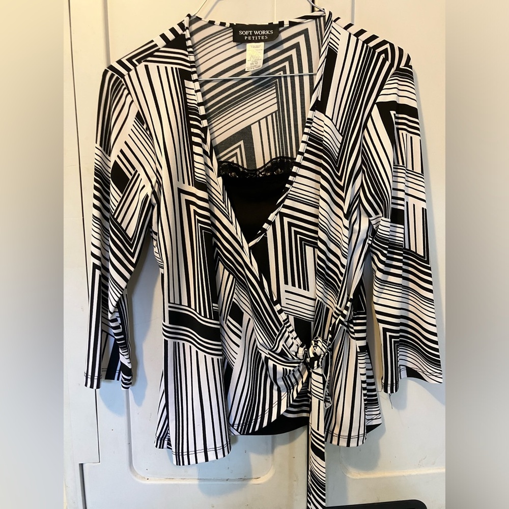 XS Petite Black and White Wraparound Top with Camisole Sewed Into It.